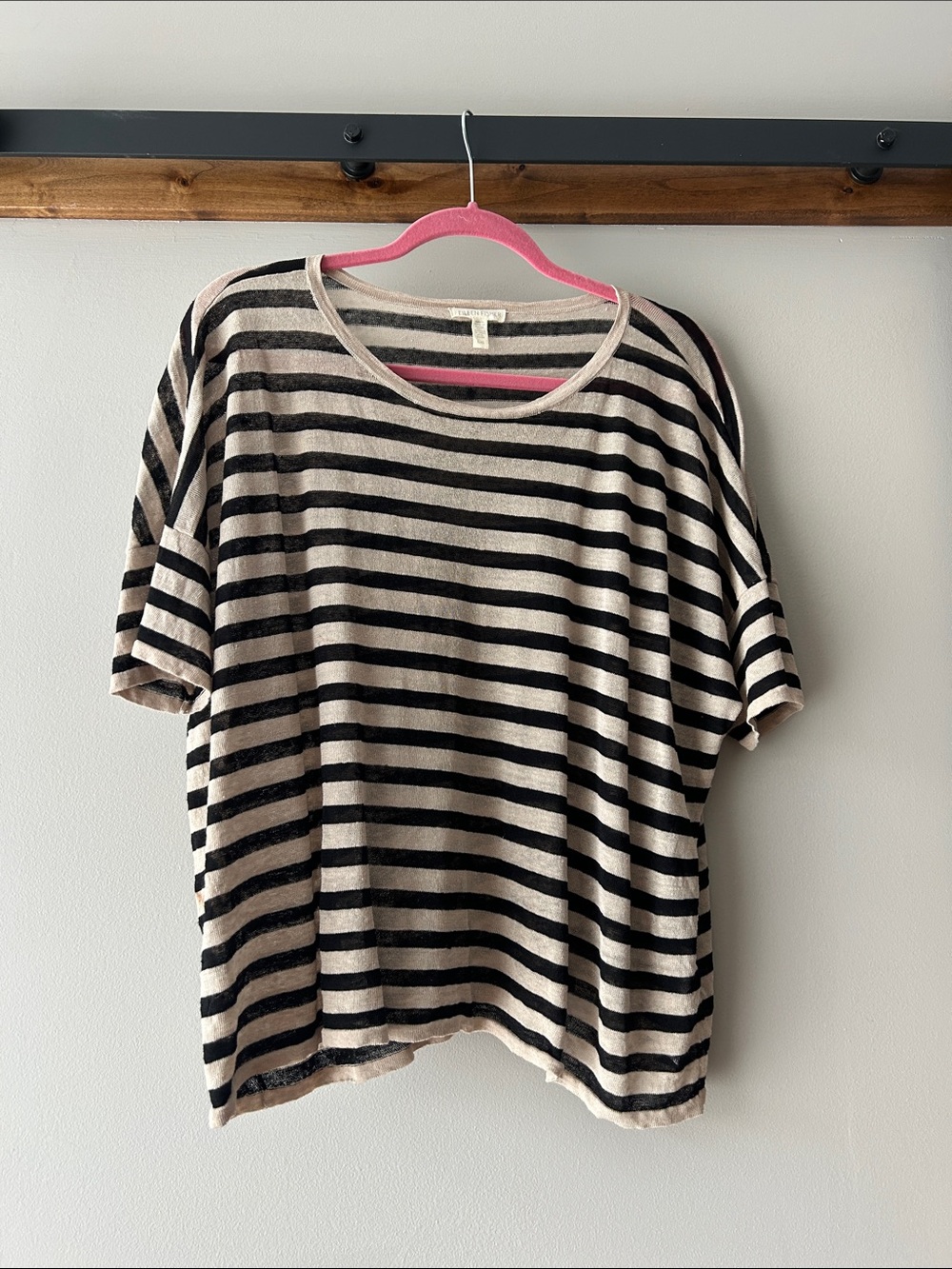 Eileen Fisher Black and Beige Striped Short-Sleeve Crewneck Top
